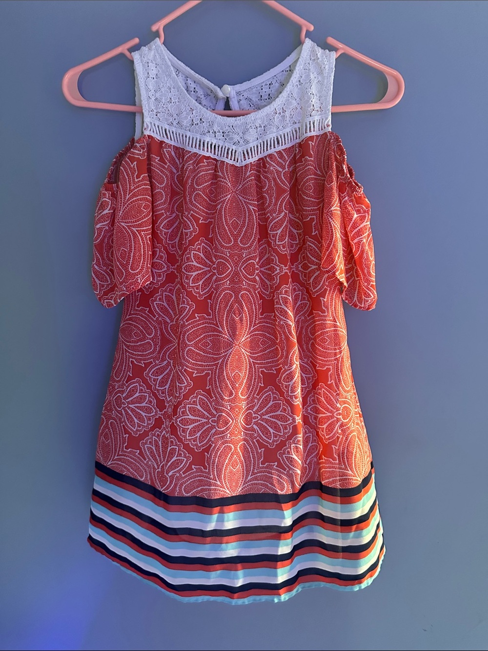 Girls Sequin Hearts Coral Print Cold-Shoulder Dress with White Lace Yoke.